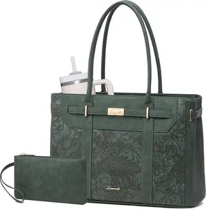 LOVEVOOK Laptop Tote Bag for Women, 2-in-1 Work Teacher Bags with Large Cup Holder, 15.6 Inch Waterproof Vintage Leather Computer Handbag Purse for Office, Business, College