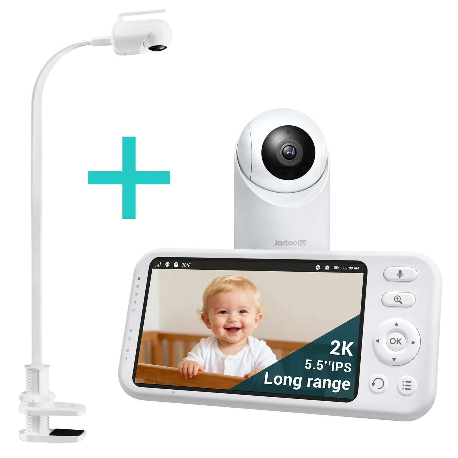 Jartoo 2K Video Baby Monitor with 1860ft Long Range, 5.5" Full HD Screen, Adjustable Clip Mount, No WiFi Camera, 2-Way Audio, Night Vision, AI Cry Detect, 6000mAh Batteries
