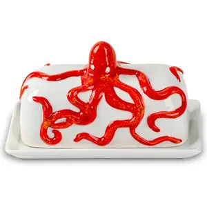 Octopus Butter Dish With Lid For Countertop Ceramic Butter Dish With Cover Red Butter Tray With Lid Butter Holder Large Butter Container For Counter