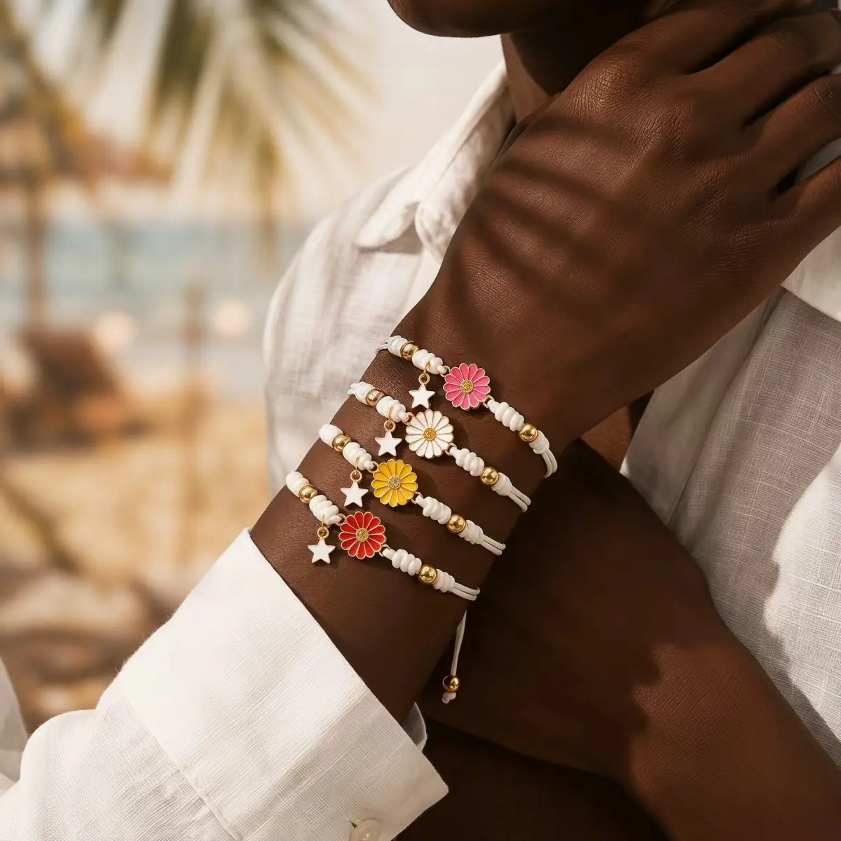 4-Piece Daisy Bracelet Set for Women, Dainty Jewelry with Enamel Floral Accents, Handmade Braided Cord with Adjustable Fit for Layering Outfits, Casual Wear, Enamel & Alloy, Beaded Floral Bracelets & Bangles, 3.6G