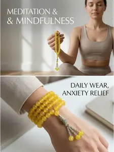 Natural Yellow Agate Prayer Beads Bracelet 8mm 39 Beads, Meditation Yoga Mala Bracelet with Healing Properties Like Yellow Crystal, Unisex Gift for Men and Women