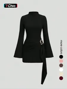 Women's stand-up collar, fitted waist, minimalist Elegant flared sleeves, metal buckle Solid slim-fit midi dress, perfect for parties Formal Womenswear