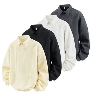 Men's Classic Casual Knitwear Top - Plain Twist Rhombus Design, Semi-Cardigan, Button-Up Shirt Collar, Pullover, Menswear Tops for Spring, Autumn Day Wear