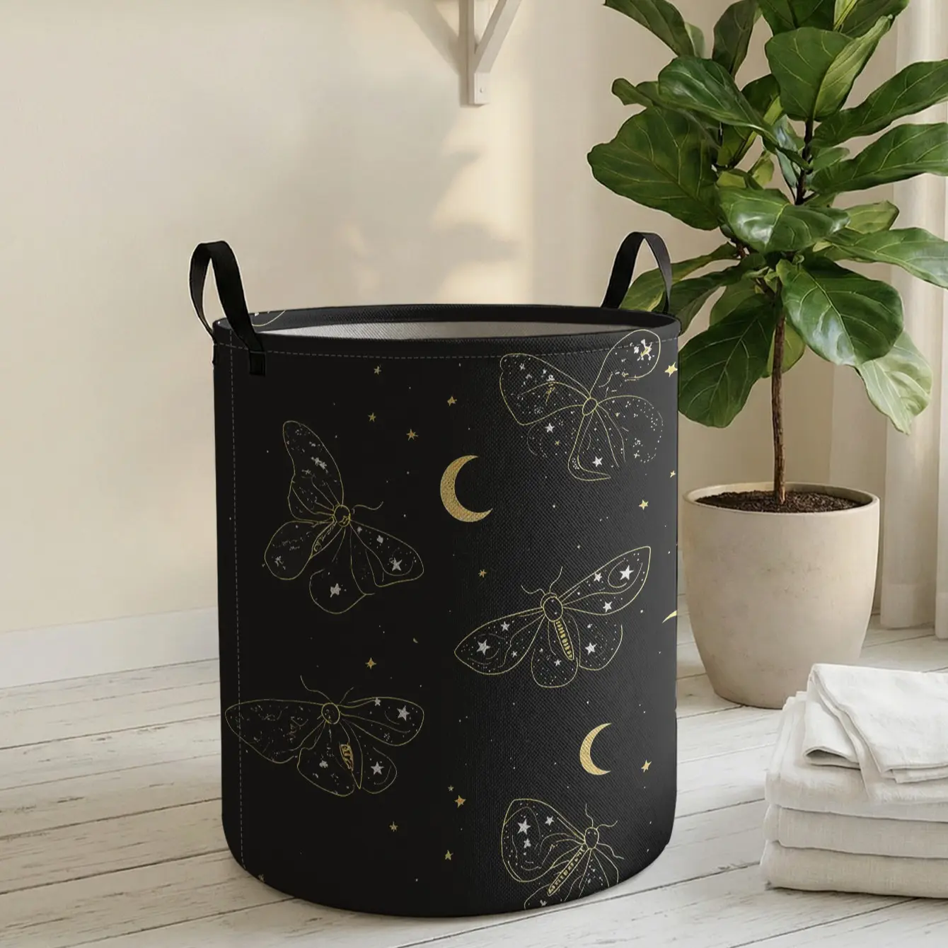 Butterfly Moon Print Laundry Basket with Handle, Durable Foldable Home Storage Bin, Large Capacity Toy Organizer, Reusable Clothes Hamper, Collapsible Laundry Hamper, Folding Laundry Basket