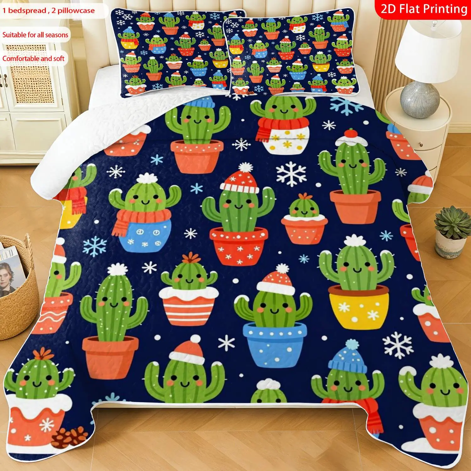 3 pcs, 2D flat print Cute Cactus in Santa Hats bed cover set Christmas Theme, multiple sizes available, bedding set, festive decorative bedding, ideal for bedroom décor(1 bedspread , 2 pillowcase)
