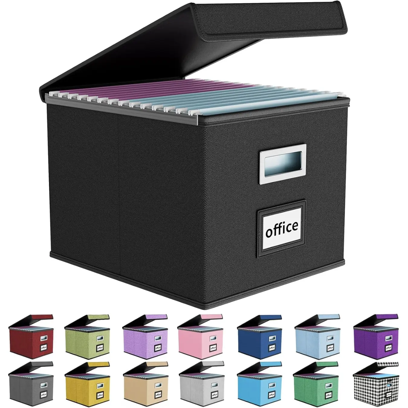 Upgraded Portable File Organizer Box, Large Linen Hanging Office Document Storage Box with Lid - Black, Collapsible Filing & Storage Boxes for Office/Decor/Home - 14.9 x 12.59 x 10.8 inch