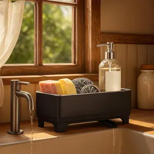 MOUKABAL Sponge Holder for Kitchen Sink – Rustproof Stainless Steel, 360° Rotating Drain Pipe, Large Counter Organizer with Drip Tray for Sponges, Brushes & Dish Cloths Black 12-month limited warranty
