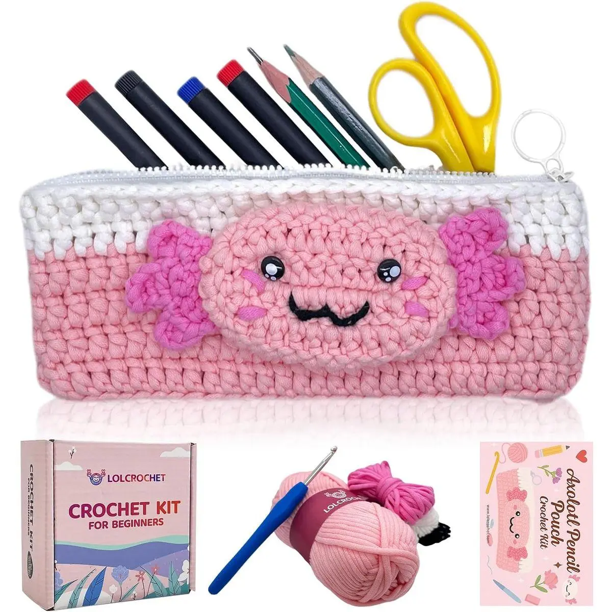 Axolotl Crochet Kit for Beginners, Learn to Crochet Pencil Bag Starter Set with Video Tutorial & Crocheting Manual, Easy Yarn Knitting Kit for Adult, DIY Amigurumi Birthday Xmas Gift Idea
