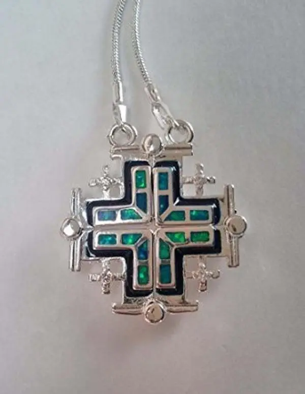 Jerusalem Cross Open Pendant Necklace Silver Plated Opal