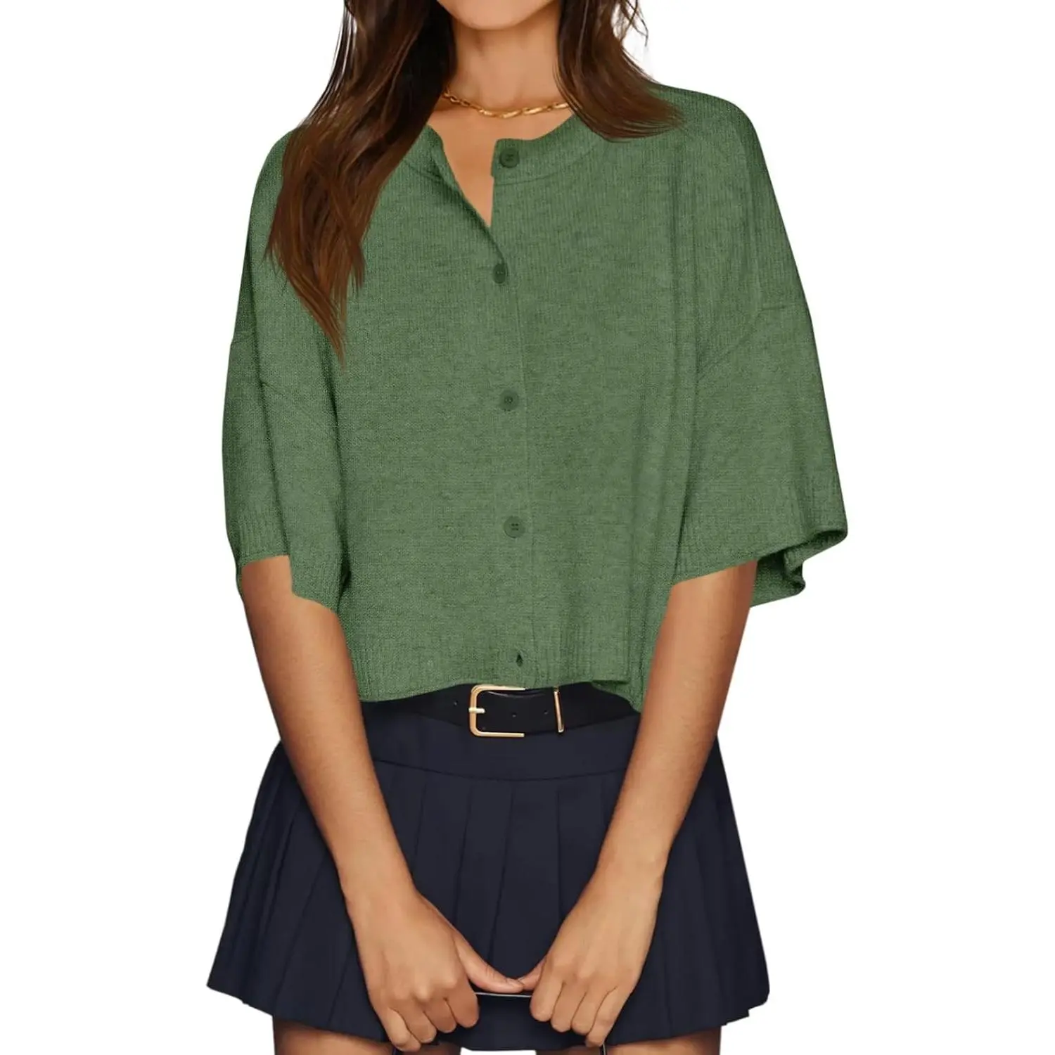 Women's Boxy Cropped Ribbed Knit Cardigan - Oversized Half-Sleeve Button-Down, Loose-Fitting, Runs Large, Breathable Soft Crew Neck Summer Essential Fashion Tops, High-Waisted Solid Casual Apparel