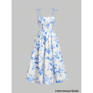 2026 French retro floral print elegant and sophisticated waist-cinching strap dress for women