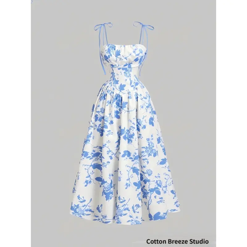 Women's 2026 French Retro Floral Print Sleeveless Spaghetti Strap Waist-Cinching Casual Wear Dress, Elegant Lady's Sophisticated Outfit, Dress Casual, Plus Size