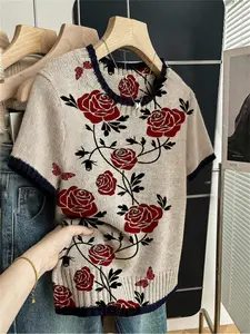 Floral Print Round Neck Sweater, Casual Short Sleeve Fitted Knitwear for Spring Summer Fall, Comfortable Warm Soft Women's Clothing