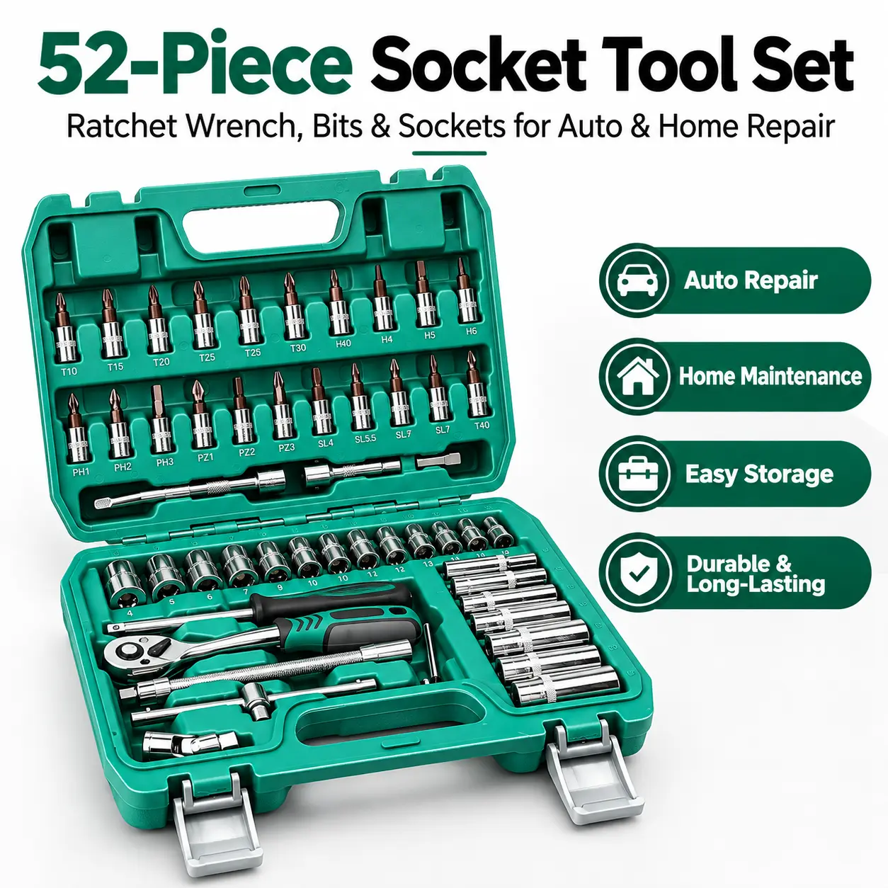OuDiSi 53-Piece Heavy-Duty Tool Set - 72-Tooth Ratchet Socket Kit with Metal Ratchet, Hex Keys, Combination Wrenches, Socket Adapter, Extension Bar, Storage Case - Automotive Repair Hand Tools, Men's Car Care Gift