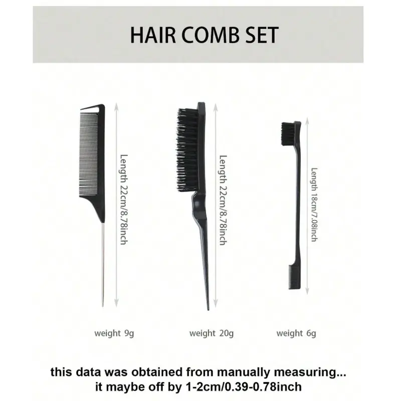 3-Piece Professional Hair Styling Brush Set, Hair Styling Combs, Includes Edge Comb, Hair Brush, Tail Comb, Hair Care Tools, Beauty Accessories