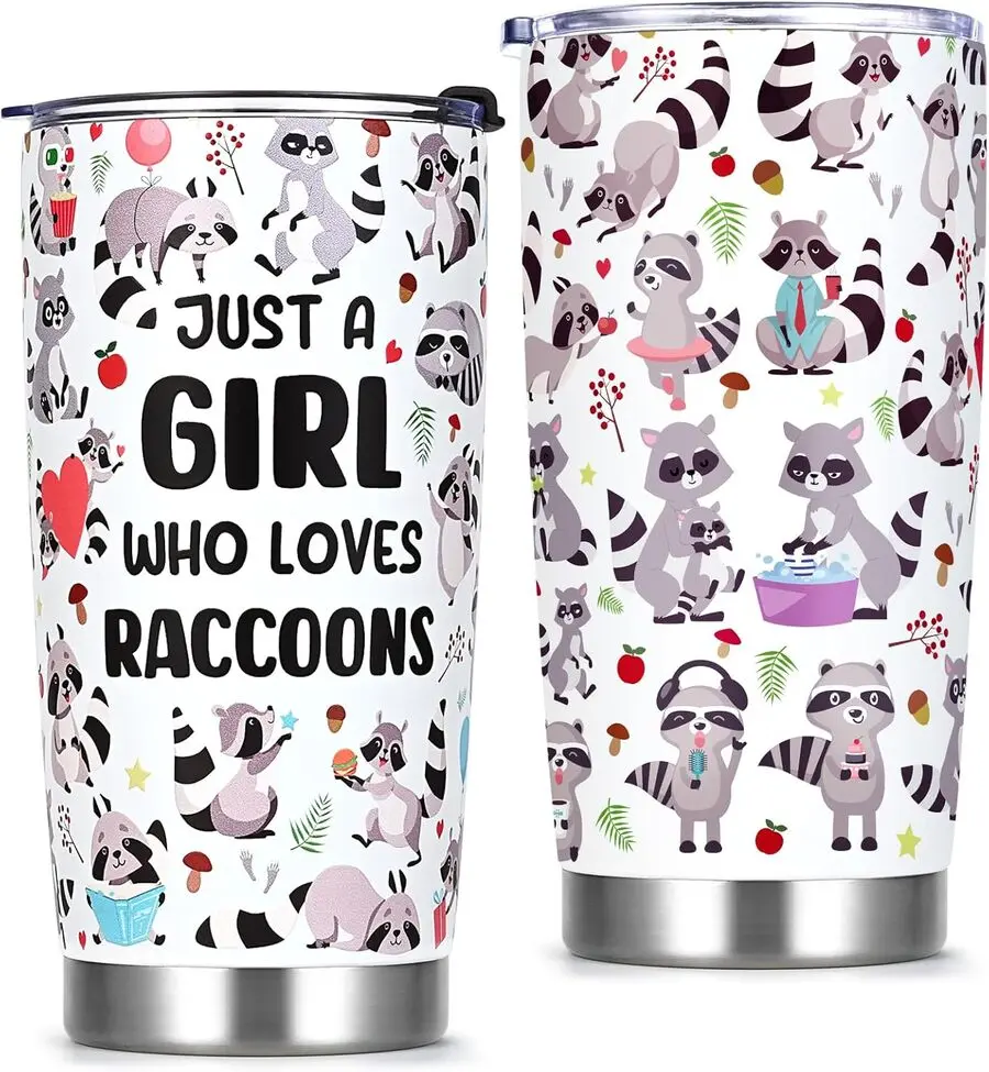 Qtencas 20 Oz Sturdy Insulated Stainless Steel Travel Tumbler with Straw Set - White Kitchen Drinkware, Funny Animal Gift for Raccoon-Loving Women, Insulation