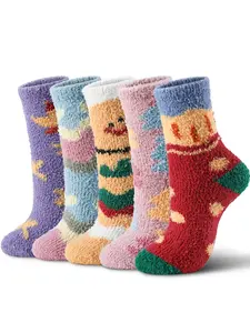 5 Pairs of Women's Crew Fussy Winter Socks, Cozy Color Warm, Fluffy and Skin-friendly, Home Plush Floor Socks, Comfortable and Soft, Sweat Wicking Sleep Socks, Perfect Christmas Gifts for Friends and Family, Suitable for Home Wear, Patchwork Crew Socks
