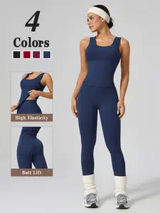 Women's Minimalist Solid Color Sportswear Set, High-Waisted Butt-Lifting Yoga Pants & Backless Gym Tank Top, All-Season Fitness, Workout Set
