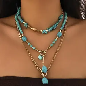 3pcs Vintage Western Turquoise Necklace Set - Elegant Golden-Tone Beaded Jewelry, Perfect Gift for Friends & Mom