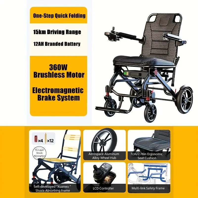 15km Long-range Electric Wheelchair | 12AH Battery, Lightweight Foldable Structure at 13.8kg (30.4 LB), Intelligent Anti-tip and Multiple Shock Absorption, PERFCARE Brand, Complies with Air Travel Standards