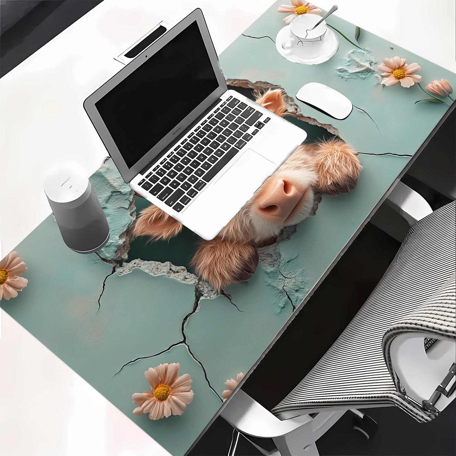 1pc Cute Highland Cow Scottish Cow Desk Mat |   Non-Slip Mouse Pad & Keyboard Cover, Turquoise Cracked Ice-like Texture with Pink Flowers, Soft Blue Computer Accessory for Office, Room, Reusable Desk, 2D Flat