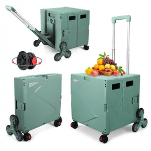Folding Climber Utility Cart Rolling Crate Tote on Rotate Wheels hand cart with Adjustable Handle Hidden Lid Cup Holder Storage Toolbox (Dark Green)
