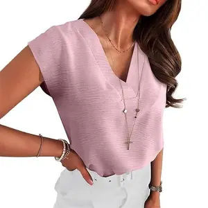 Lady's 2026 Summer New Solid Color V-Neck Simple Style Comfortable Fit Minimalist Loose Casual Elegance Women's T-Shirt