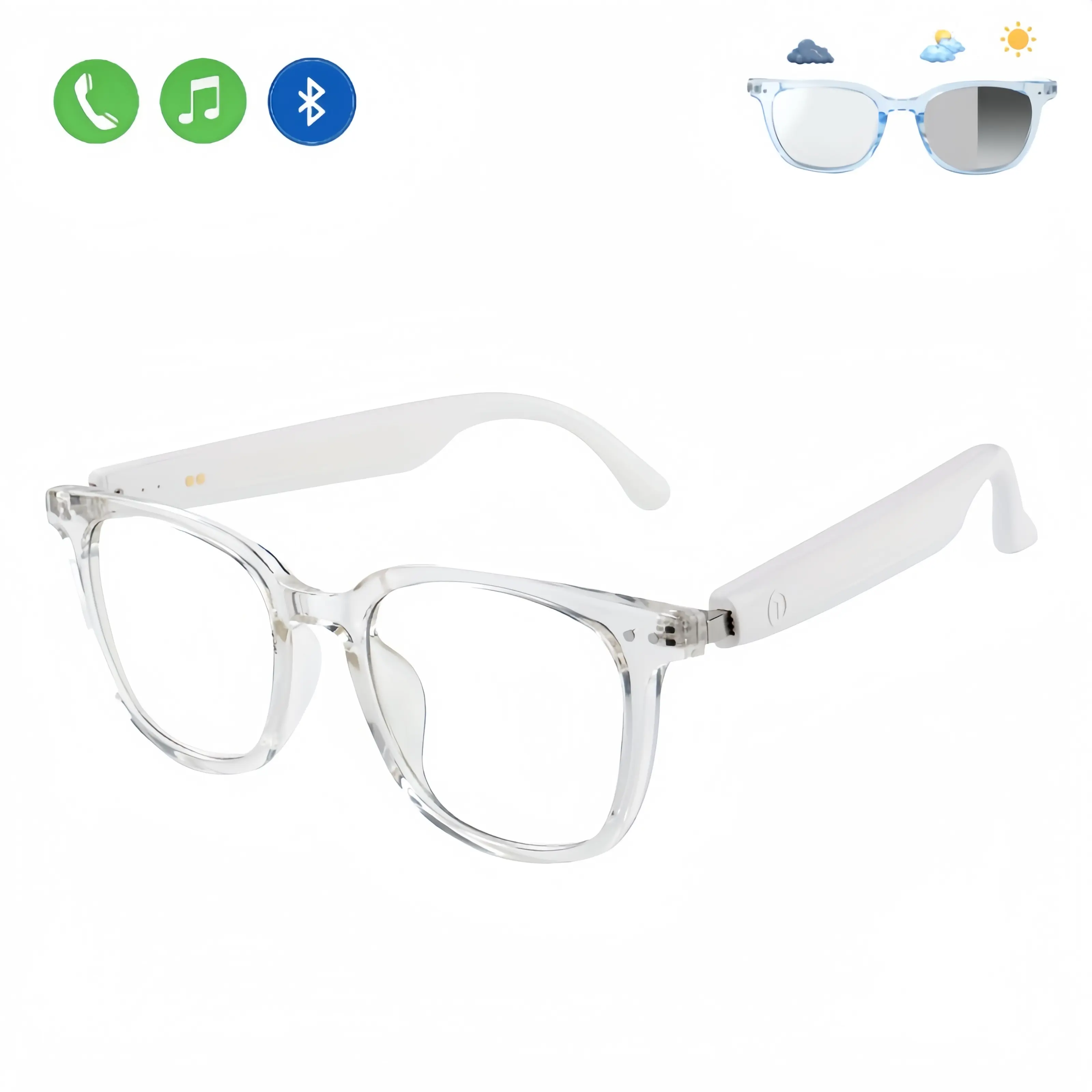 Unisex Digital Smart Bluetooth Glasses - Auto-Tinting Polarized Lenses, Blue Light Glasses, Built-in Speakers & Microphone, White Wearable Device