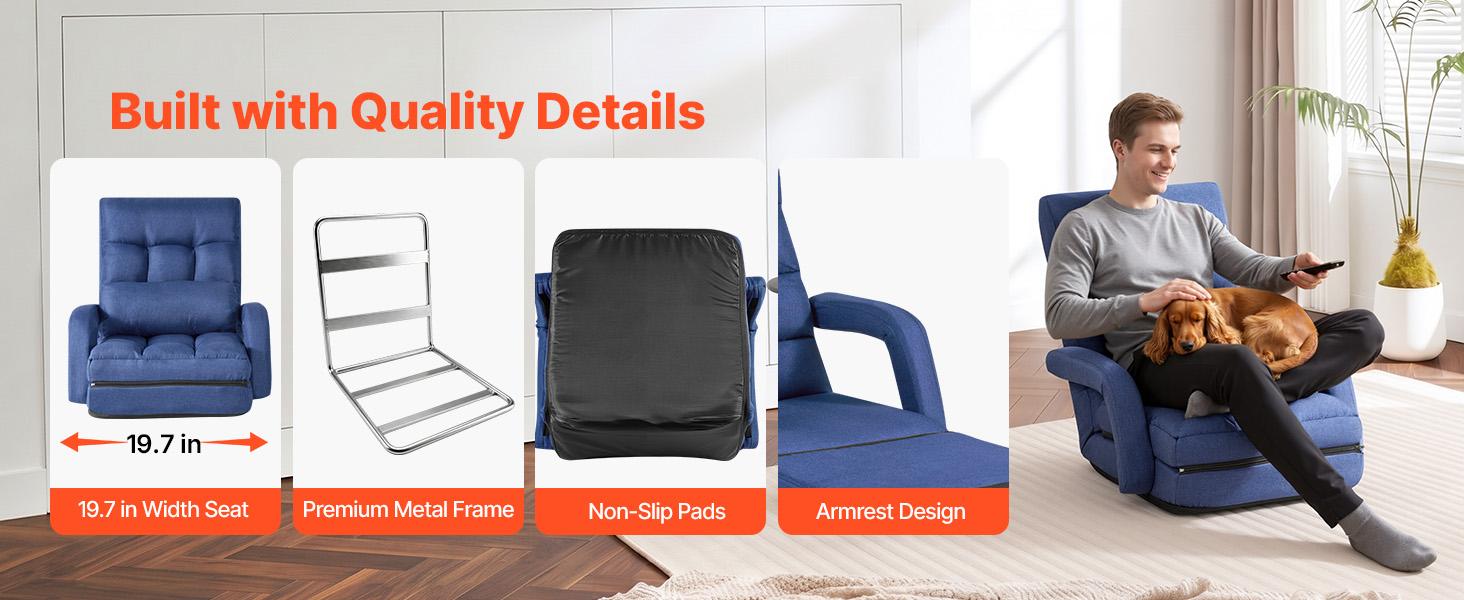 【FathersDayGift】VEVOR Floor Chair, 5 Adjustable Positions Folding Floor Gaming Chair with Back Support, Armrests, and Cushion, Sturdy Metal Frame with Recycled Foam and Linen Fabric, for Reading, Relaxing, Dark Blue 【FathersDayGift】VEVOR Floor Chair, 5 Adjustable Positions Folding Floor Gaming Chair with Back Support, Armrests, and Cushion, Sturdy Metal Frame with Recycled Foam and Linen Fabric, for Reading, Relaxing, Dark Blue