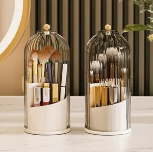 Makeup Brush Holder Organizer with Lid 360 Rotating Clear 3 Compartment Design for Dressing Table & Bathroom Countertop Sliding Door & 360° Rotatable Base