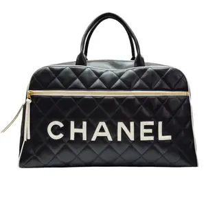 Pre-owned CHANEL leather Luggage ULTRA RARE Black/White Lambskin Logo Duffle Bag