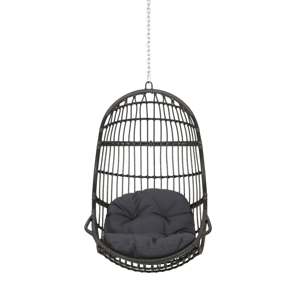1 Handcrafted Iron Basket-Shape PE Rattan Hanging Chair for Adults, 30x31.5x44.5in, 300 lbs Capacity, 8ft Chain, Water-Resistant, Tufted Cushion, Indoor-Outdoor Patio Swing, Assembly Required, Iron Construction Details, Handcrafted Details, Basket Chair