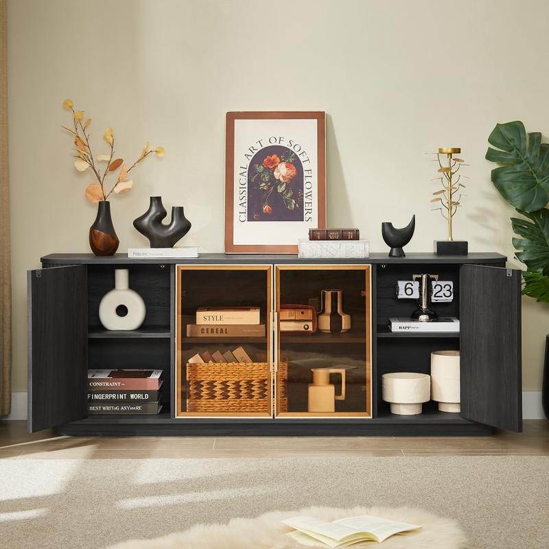 64-Inch Wavy TV Cabinet, Round Sideboard, Wooden Vertical Stripe Storage Cabinet, Aluminum Door Framed Tempered Glass Cabinet for Living Room/Bedroom/Entryway. Black