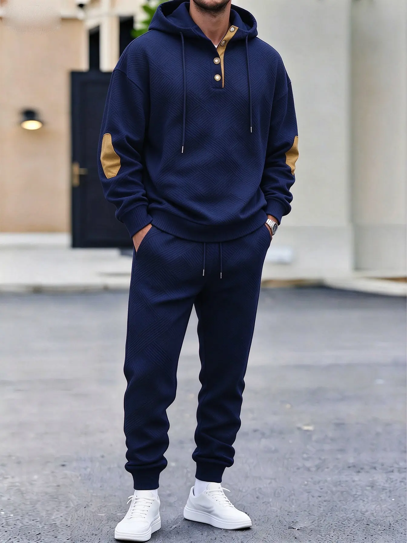 Men's 2-Piece Hooded Sports Set - Lightweight Color Block Patchwork Polyester Sweatshirt, Knee-Patched Male Men's Sweatpants, Long Sleeve Comfortable Business-Casual Outfit, Normal Type Fit, Sizes M/XXL