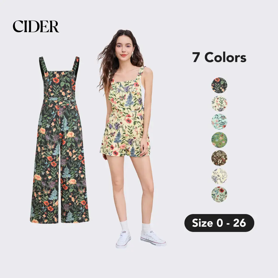 Cider Women's Lightweight Corduroy Floral Wide Leg Romper & Jumpsuits with Adjustable Button & Pockets, Casual Solid Sleeveless Romper for Summer Outd