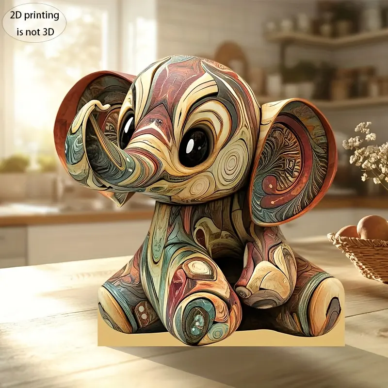 1pc Boho Style 2D Flat Printed Wooden Elephant Sculpture, Colorful Cartoon Animal Desk Ornament, Manufactured Wood, No Electricity Needed, Ideal for Living Room & Office Decor, Unique Gift Idea (8x8 inches)