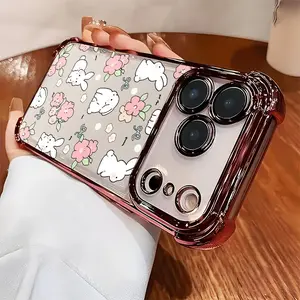Bunny Cute Floral Phone case for iPhone 17 Air 16 15 16e 14 13 12 11 Pro Max Plus X XS Full Body Protection Shockproof Soft Silicone Cover Four-corner Thickened