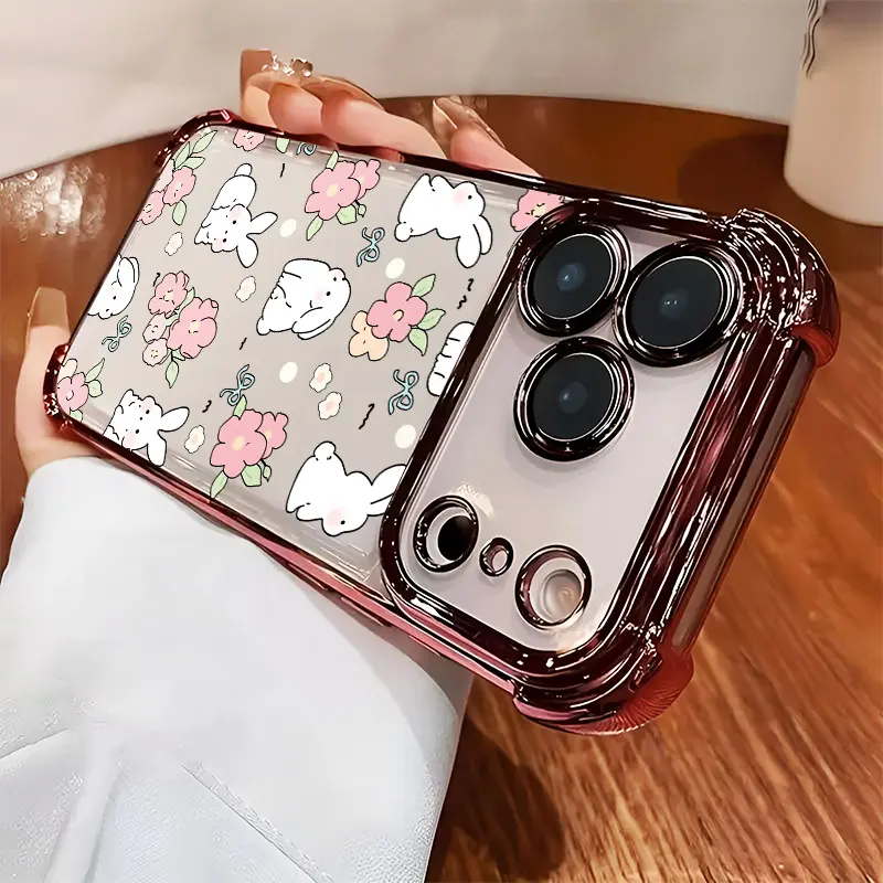Bunny Cute Floral Phone case for iPhone 17 Air 16 15 16e 14 13 12 11 Pro Max Plus X XS Full Body Protection Shockproof Soft Silicone Cover Four-corner Thickened