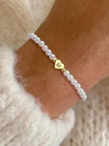 Faux Pearl Decorated Heart Initial Beaded Bracelet, Heart Charm Bracelet, Elegant Bangle, Stainless Steel Jewelry for Women for Party, Daily Clothing Decor, Trendy All-match & Exquisite Jewelry for Gift, Valentine's Day, Gift