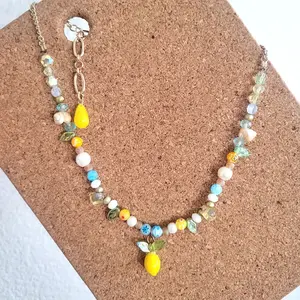 Lemon Necklace 18 Inches Metal Coated Glass Lampwork Ceramic Swarov Seashells Pearl Beads Handcrafted Jewelry