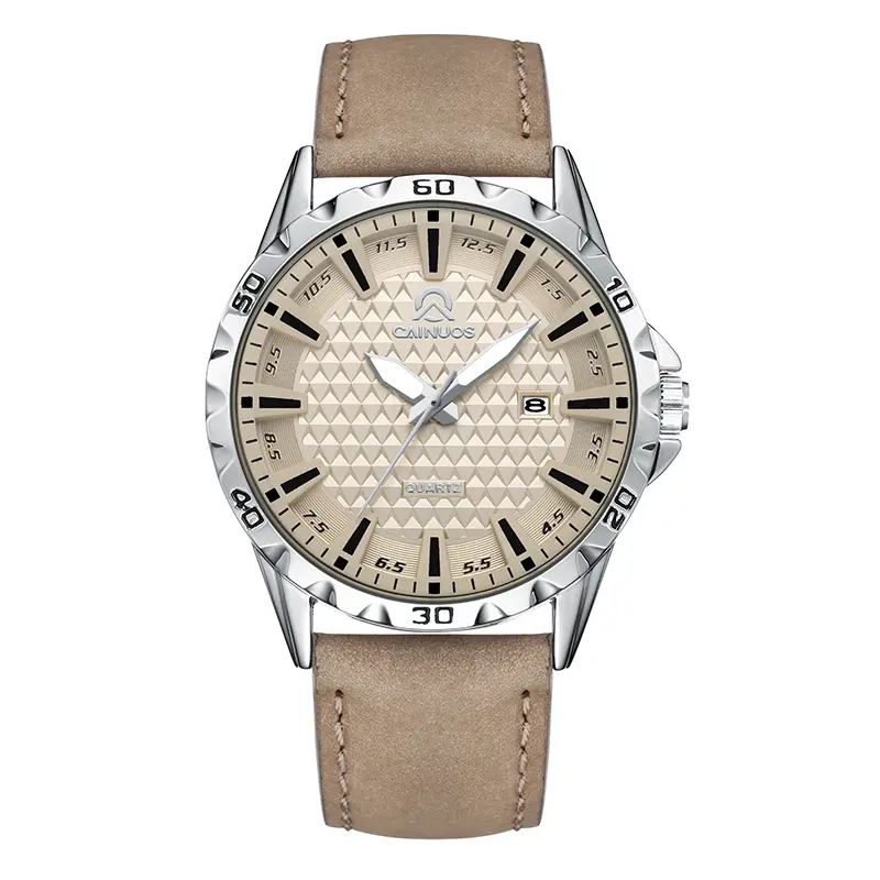 CAINUOS C1003 Unisex Vintage Leather Watch - 42mm Textured Dial, Luminous Date, 3ATM Waterproof Minimalist Old Money Quartz Wristwatch, Watches for Women, Men for Daily Office Use, Accessories For Women, Water, Round Face, Genuine Leather