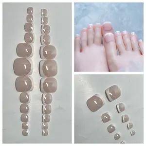 Wm-24pcs Simple French Toe Nail Stickers, Easy-To-Remove Long-Wear Pedicure Kit, Durable Foot Nails Adhesive Patches, Glossy French Tips