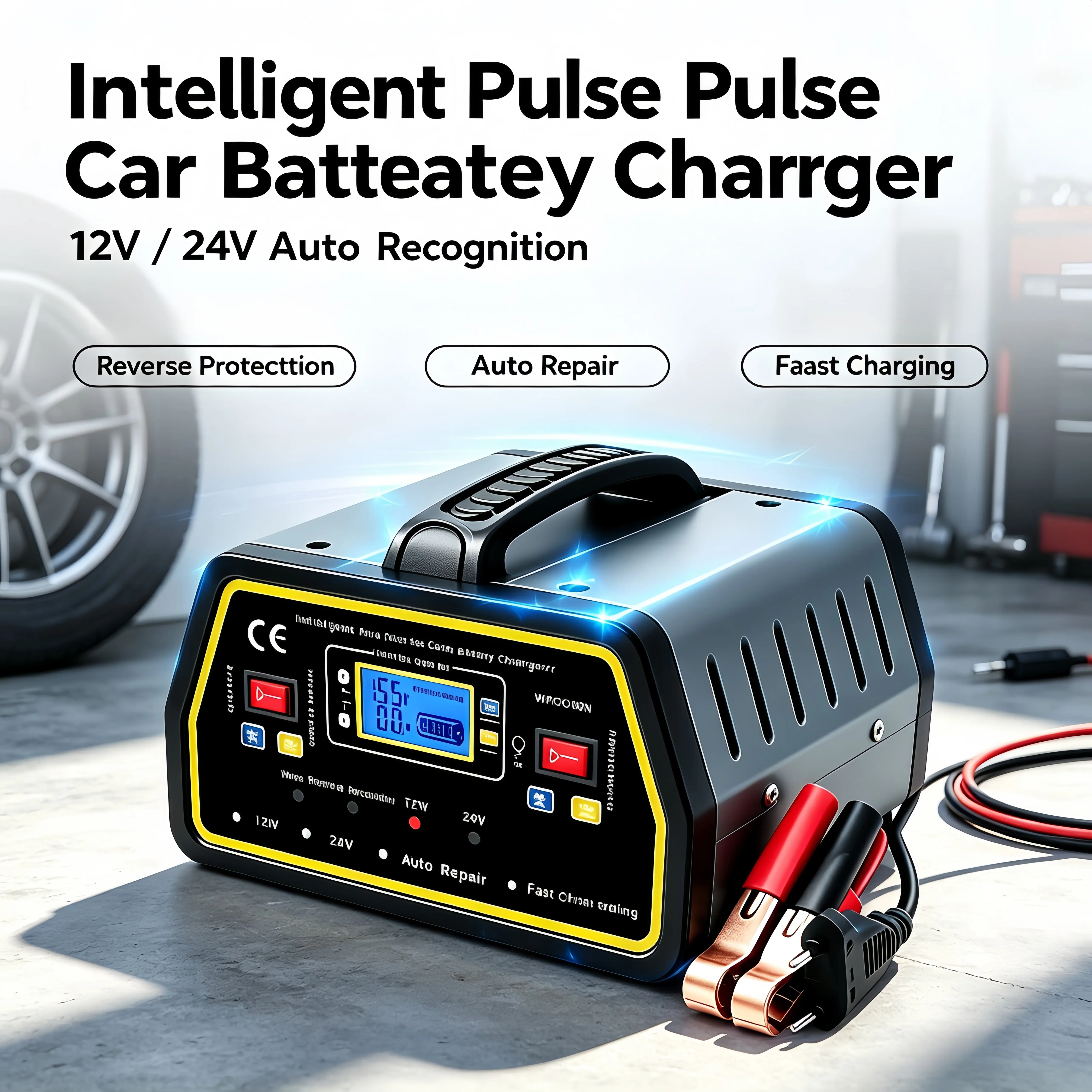 12V-24V Intelligent Pulse Car Charger, Auto-Identify Type, LCD Display Maintainer for AGM, Gel, SLA Lead-Acid Units, Automotive Repair Tool for Cars/Motorcycles, Father’s Day Gift Option， overheat protection， heavy duty jumper cable
