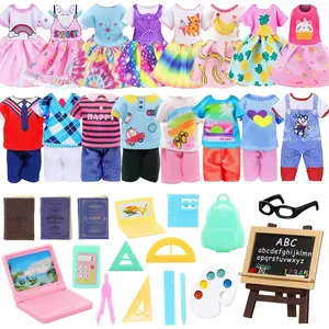 22 PCS 6 inch Dolls School Set - Doll Clothes and Accessories Including 2 Clothes Sets 3 Fashion Dresses 1 Computer 1 Glasses and 15 pcs Study Accessories