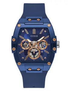 GUESS Male Rose Gold-Tone and Blue Silicone Multifunction Watch