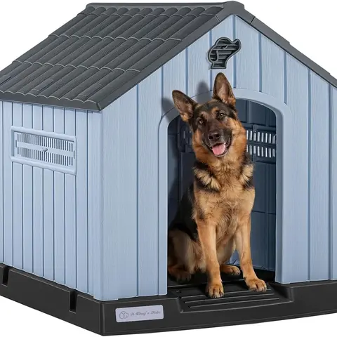 LEMBERI Durable Waterproof Plastic Dog House for Small to Large Sized Dogs, Indoor Outdoor Doghouse Puppy Shelter with Elevated Floor, Easy to Assemble