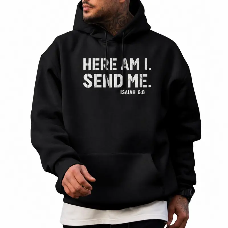 Men’s Cotton Poly Blend Christian Hoodie, Here Am I Send Me Isaiah 6:8 Bible Verse Graphic Pullover Hooded Sweatshirt, Faith Casual Long Sleeve Top, Gift for Believers & Christian Missionaries