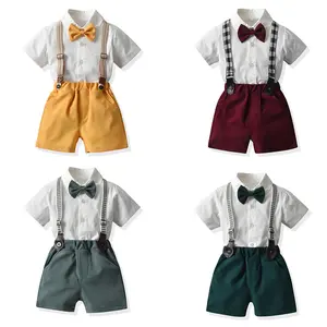 Baby Boy Formal Short Set Toddler Summer Gentleman Outfit Kid Short Sleeve Bowtie Shirt Suspender Shorts Suit