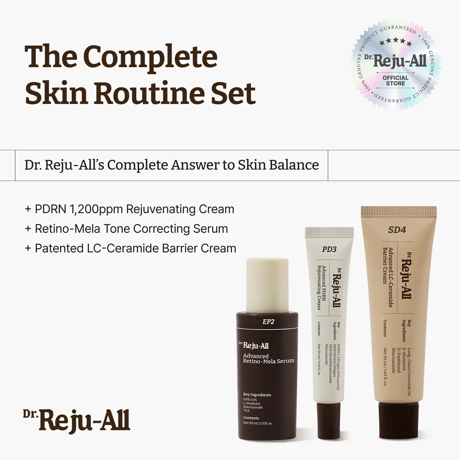[Official Store] Dr.Reju-All The Complete  Skin Routine Bundle -  Advanced Rejuvenating PDRN Cream + Retino-mela Serum + LC-Ceramide Cream Facial Set Hydration Set