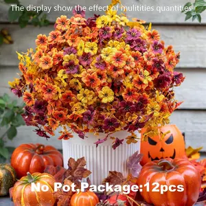 Fall Mums Artificial Flowers for Outdoors Potted, 12 Bundles Fake Fall Daisy Flower with Realistic Eucalyptus Leaves, Fake Plants for Greenery Boxwood Porch Patio Garden Pot Lawn